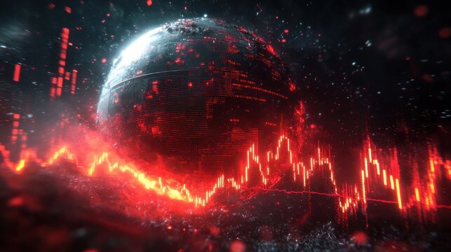 Futuristic digital globe surrounded by red glowing market waveform, rising and falling data lines and scattered particles conveying tense dramatic cyber energy