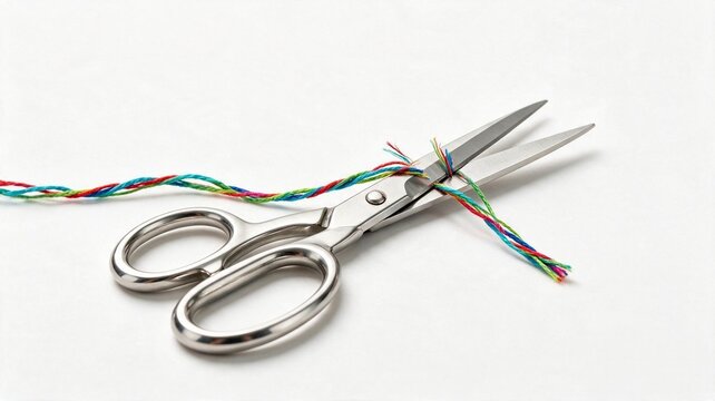 Sharp silver scissors cutting a colorful, multi-strand thread against a clean white background, symbolizing an end or separation.