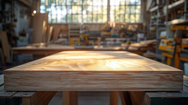 sunlit wooden panel with pronounced grain resting on sawhorse supports in a blurred carpentry workshop, warm light and calm atmosphere suggesting focused craftsmanship