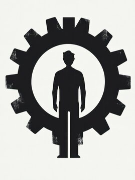 black silhouette of a standing person centered inside a weathered gear on white background conveying mechanization and isolation