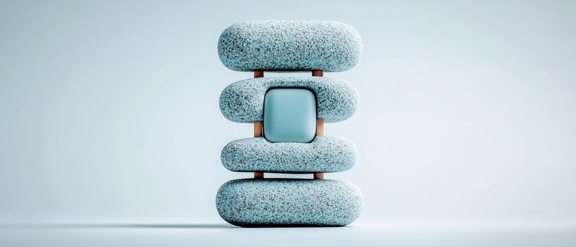 Stacked composition, blue oblong textures, separated by wooden supports and shapes