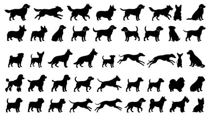 Fototapeta premium Mega Dog Breed Silhouette Bundle Featuring Large Collection of Purebred Canines Running Sitting Standing and Walking Shapes Vector Isolated Graphic for Pet Designs