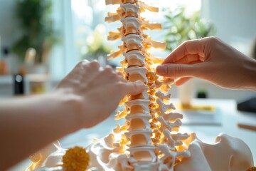 Fototapeta premium Two hands examining a plastic human spine model on a sunlit table in a bright clinic, focused educational interaction conveying care, precision and curiosity