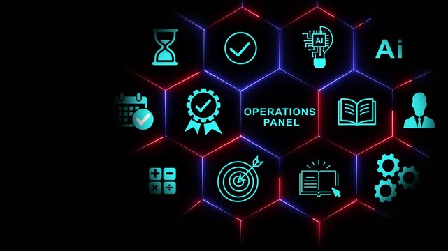 Operations panel digital interface with ai technology and hexagonal data network for business management and workflow optimization