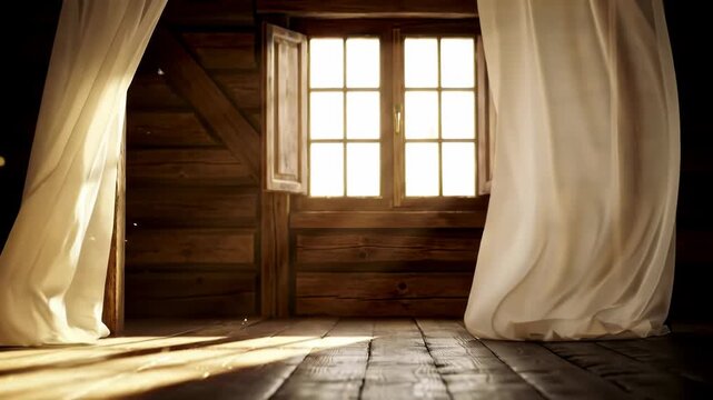 Sunlight streams through an open window with blowing white curtains in a rustic wooden cabin, casting shadows on the floor with visible dust particles in the warm bright light.