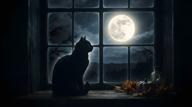 Silhouette of a black cat sitting on a window sill beside pumpkins under a full moon night