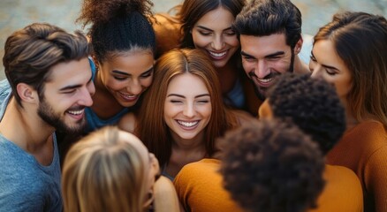 Obraz premium diverse group of young adults in a close huddle, heads together in a warm supportive circle wearing casual clothing, varied hair textures conveying unity and camaraderie