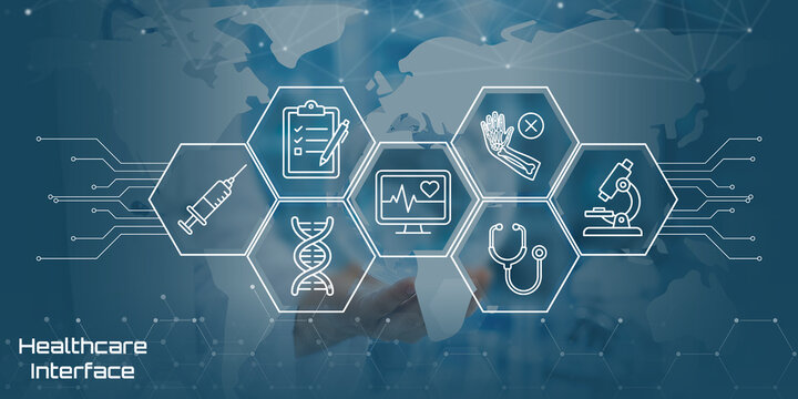 Healthcare Interface with medical icons and global network technology
