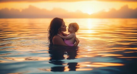 Fototapeta premium mother holding baby in calm ocean at golden sunset, tender embrace and serene warm glow