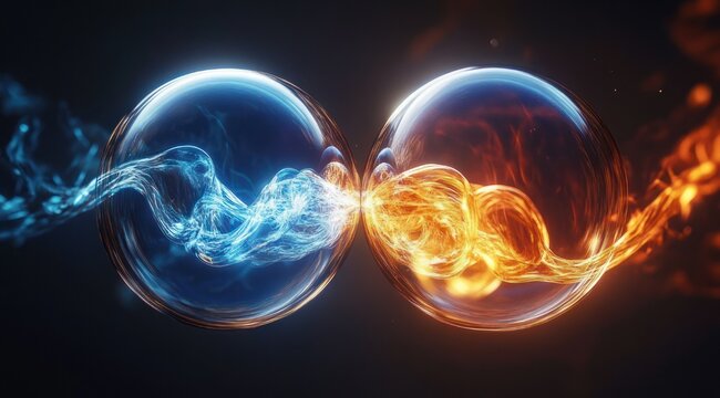 two glowing glass spheres containing blue and orange swirling energy meeting at the center, dynamic tension and harmonious collision on a dark background