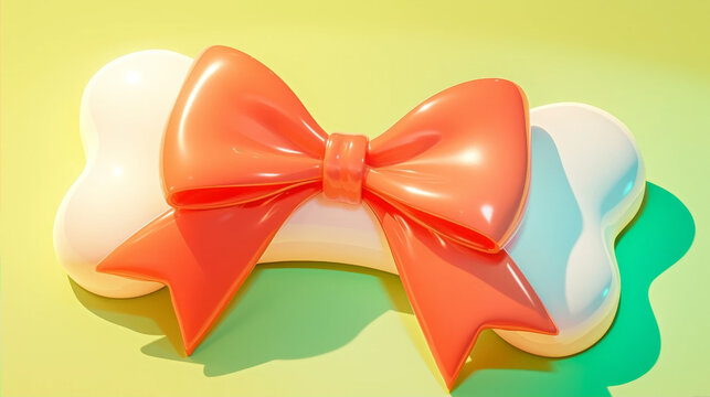 3D render of a glossy white dog bone decorated with a large bright orange ribbon bow on a yellow background