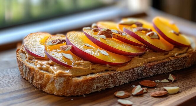 Rustic sourdough toast spread with creamy almond butter, layered with ripe peach slices, sprinkled with whole and sliced almonds, sea salt and honey, warm inviting morning