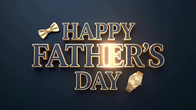 Elegant Dark Blue and Gold Happy Father's Day 3D Typography with Bow Tie and Luxury Watch Icons