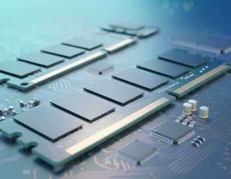 Close-up view of computer RAM memory modules and semiconductor chips on electronic circuit boards, representing computer hardware, digital technology, data processing and modern electronics.