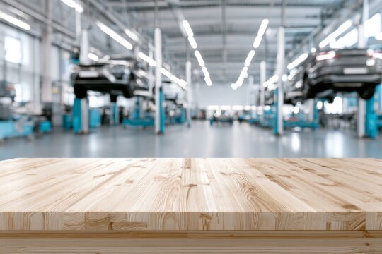 Empty wooden workbench with blurred modern automotive service workshop in background