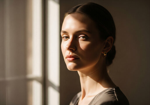 The beautiful young woman looked at the camera with a thoughtful expression. A thoughtful person at home, contemplating life.