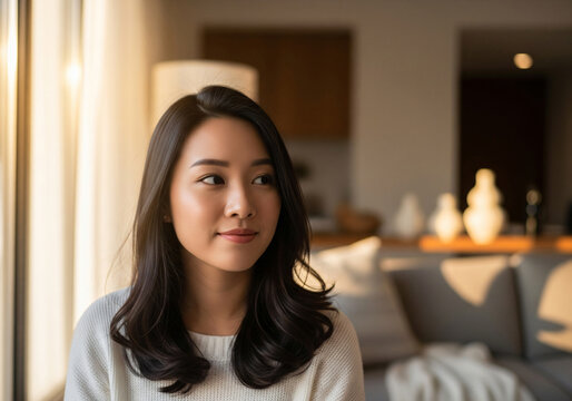 Beautiful young asian woman smiling at camera with long dark hair in a bright and cozy sunlit home interior with green plants in the background