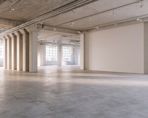 Fototapeta premium Bright empty industrial warehouse interior with concrete columns blank wall and polished floor