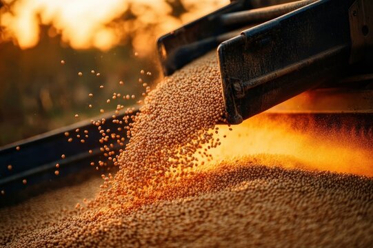 golden soybeans pouring from a rusted metal chute at sunset, dust and kernels in motion, warm glowing light conveying abundance and productive harvest