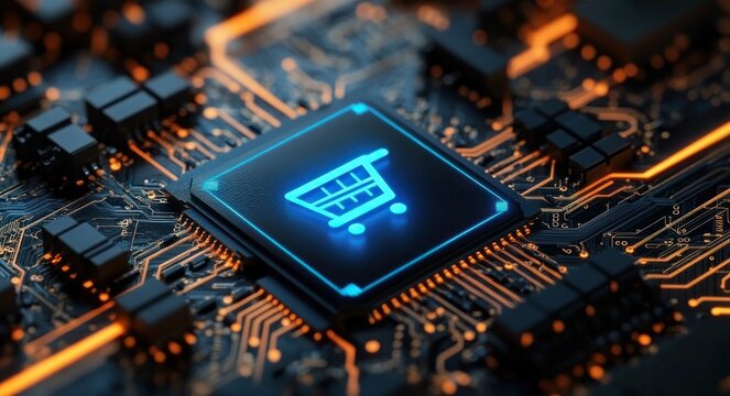 glowing microchip with neon shopping cart icon on a circuit board conveying futuristic digital commerce energy