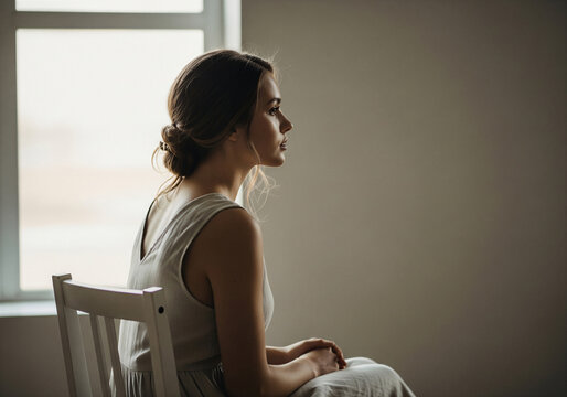 The woman is relaxing, thinking, by the window at home. The woman's peace, thoughts, or happiness; her concentration or immersion in her thoughts.