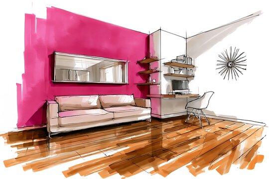 Architectural sketch of a modern living room interior with a vibrant pink accent wall, a comfortable sofa, a workspace with a desk and chair, and wooden flooring