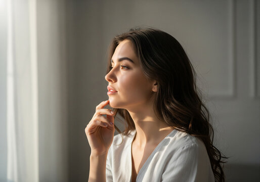 A woman in a white dress is sitting in a room with a window.