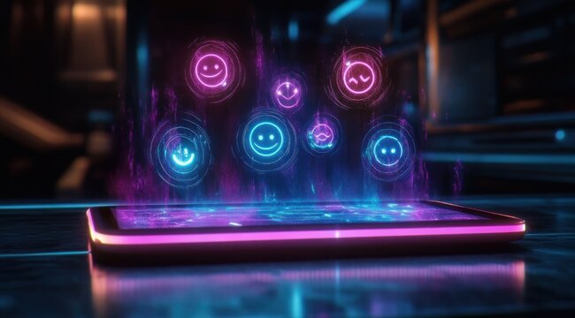 Smartphone on a reflective surface projecting neon blue and purple holographic smiling emoticons in a dark futuristic room, playful digital wonder