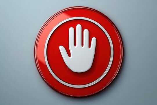 glossy red circular stop button with a raised white hand palm icon on a smooth gray background conveying warning and prohibition