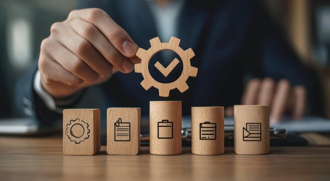 Hand placing a wooden gear with a checkmark above a row of wooden blocks engraved with business icons, conveying confidence and quality assurance