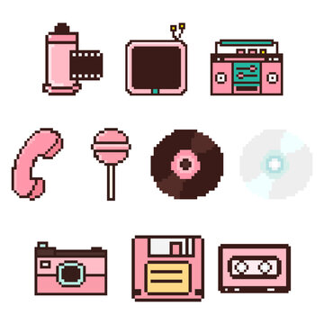 Retro 90s nostalgia camera boombox floppy disk cassette tape and old telephone icon set collection for y2k aesthetic 8 bit graphic design elements