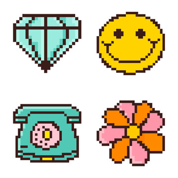 Retro 90s nostalgia diamond happy face telephone and flower icon set collection for y2k aesthetic 8 bit graphic design elements