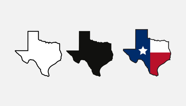 Set of texas state map icons featuring outline silhouette and flag design elements isolated on white background