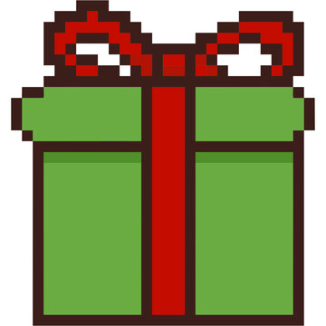 Cute green christmas gift box pixel art icon for retro 8 bit winter holiday decoration and festive aesthetic graphic design elements