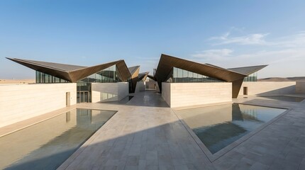 Fototapeta premium Modern architectural building with geometric roof structure and reflective water feature under a clear blue sky