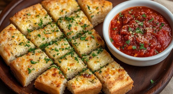crispy golden cheesy garlic bread squares topped with chopped parsley beside a bowl of rich marinara dipping sauce, warm appetizing comfort snack