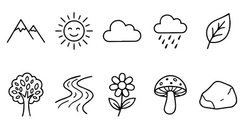 Obraz premium Nature Elements Icon Set – Minimal Hand Drawn Vector Collection