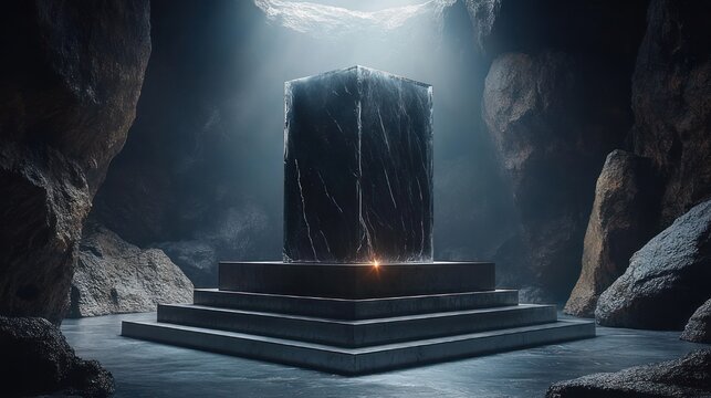 Dark polished monolith on a tiered stone altar inside a shadowy cave with a shaft of light and a small glowing ember, evoking mystery and awe