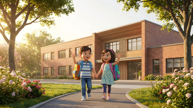 Cute boy and girl holding hands and walking to school, back to school 3d illustration