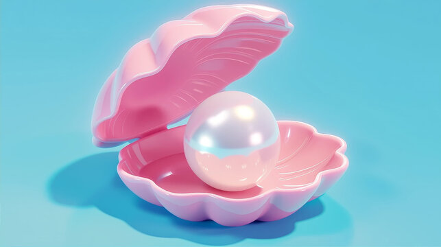 3D render of a shiny pink open seashell with a lustrous white pearl inside on a light blue background