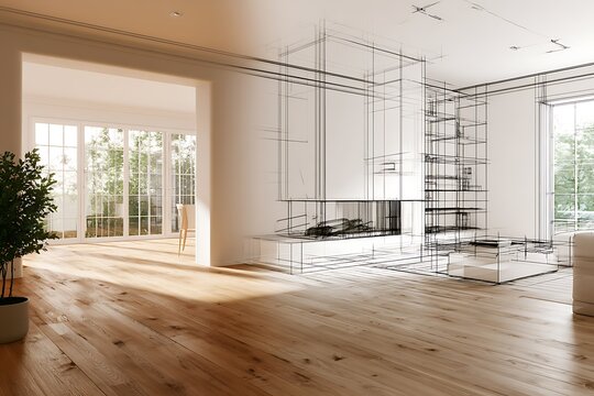 Architectural interior design concept showing a transition from a 3d wireframe sketch to a realistic modern living room with hardwood floors and large windows