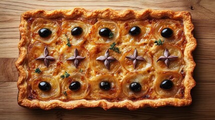 square homemade savory pie with glossy golden crust, black olive accents, star-shaped pastry decorations and thyme sprigs on a wooden board, warm inviting rustic feel