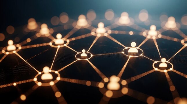 Abstract digital social network with glowing human icons connected by light lines. Futuristic communication web shows global connection through data links. Tech concept features golden nodes on dark