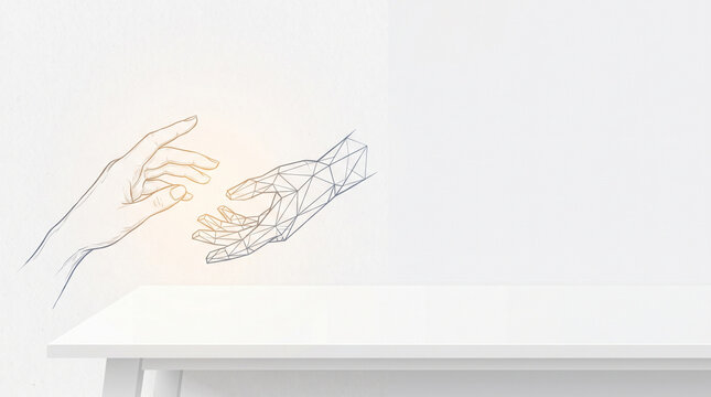 Hands reaching toward each other in minimalist white interior, blending human gesture with geometric digital line art and open space