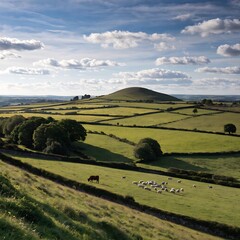 Naklejka premium Scenic panoramic view of rolling countryside green farm fields with sheep, cow and green grass in New Grange, County Meath,landscape, nature, field, sky, trees, blue, meadow, view, land, fields, count