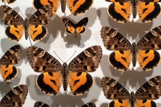 Pinned moths with brown forewings and orange hindwings. Insect collection displayed on white background. Scientific study of lepidoptera fauna.