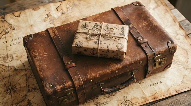 Vintage leather suitcase with a gift box wrapped in nautical map paper on a wooden table