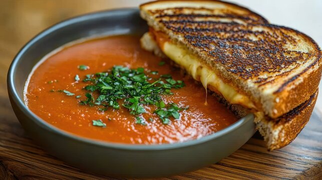 Creamy tomato soup topped with chopped parsley served in a bowl with a golden toasted grilled cheese sandwich resting on the rim on a wooden table, cozy and comforting