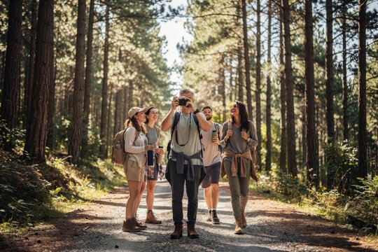 Group of Friends Hiking Enthusiastically in Sunlit Forest Trail, Warm Afternoon Light Creating Dappled Shadows, Diverse Group Engaged in Adventure, Earthy Tones, Capturing Friendship and Exploration