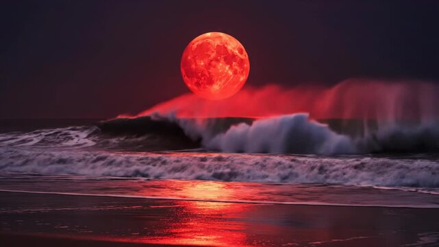 Cinematic view of a giant red moon over a nocturnal ocean beach with breaking surf waves and crimson reflections on the water surface under a dark sky at midnight.